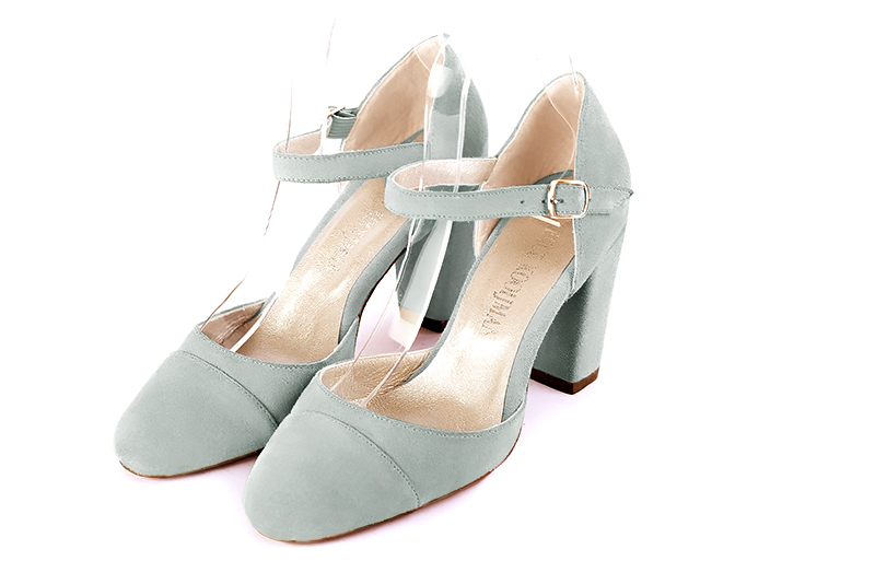 Aquamarine blue women's open side shoes, with an instep strap. Round toe. High block heels. Front view - Florence KOOIJMAN